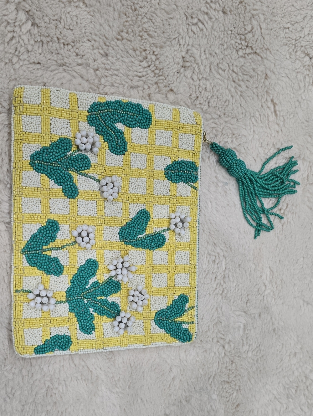 Anthropologie Yellow, Teal & White Beaded Floral Clutch with Tassel